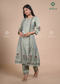 3-Piece Semi Chanderi Set With Beadwork And Block Print-Sage Green