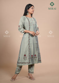 3-Piece Semi Chanderi Set With Beadwork And Block Print-Sage Green