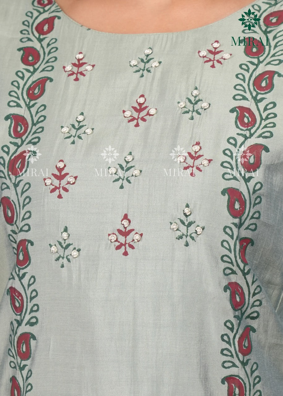 3-Piece Semi Chanderi Set With Beadwork And Block Print-Sage Green