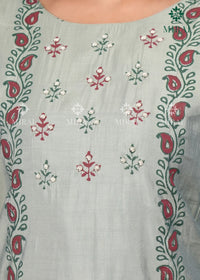 3-Piece Semi Chanderi Set With Beadwork And Block Print-Sage Green