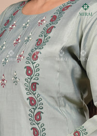 3-Piece Semi Chanderi Set With Beadwork And Block Print-Sage Green