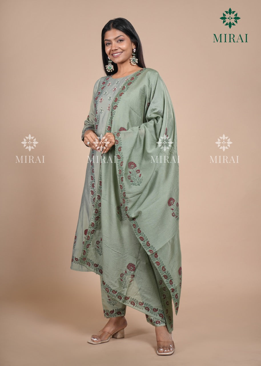3-Piece Semi Chanderi Set With Beadwork And Block Print-Sage Green