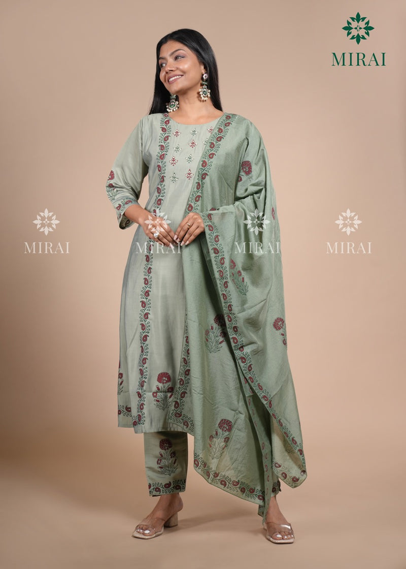 3-Piece Semi Chanderi Set With Beadwork And Block Print-Sage Green