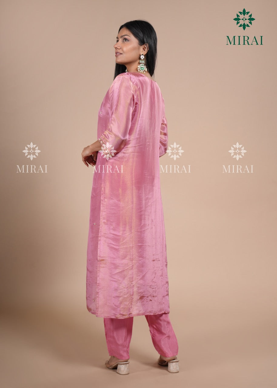 3-Piece Set Tissue Silk With Handwork And Banarasi Dupatta-Pink