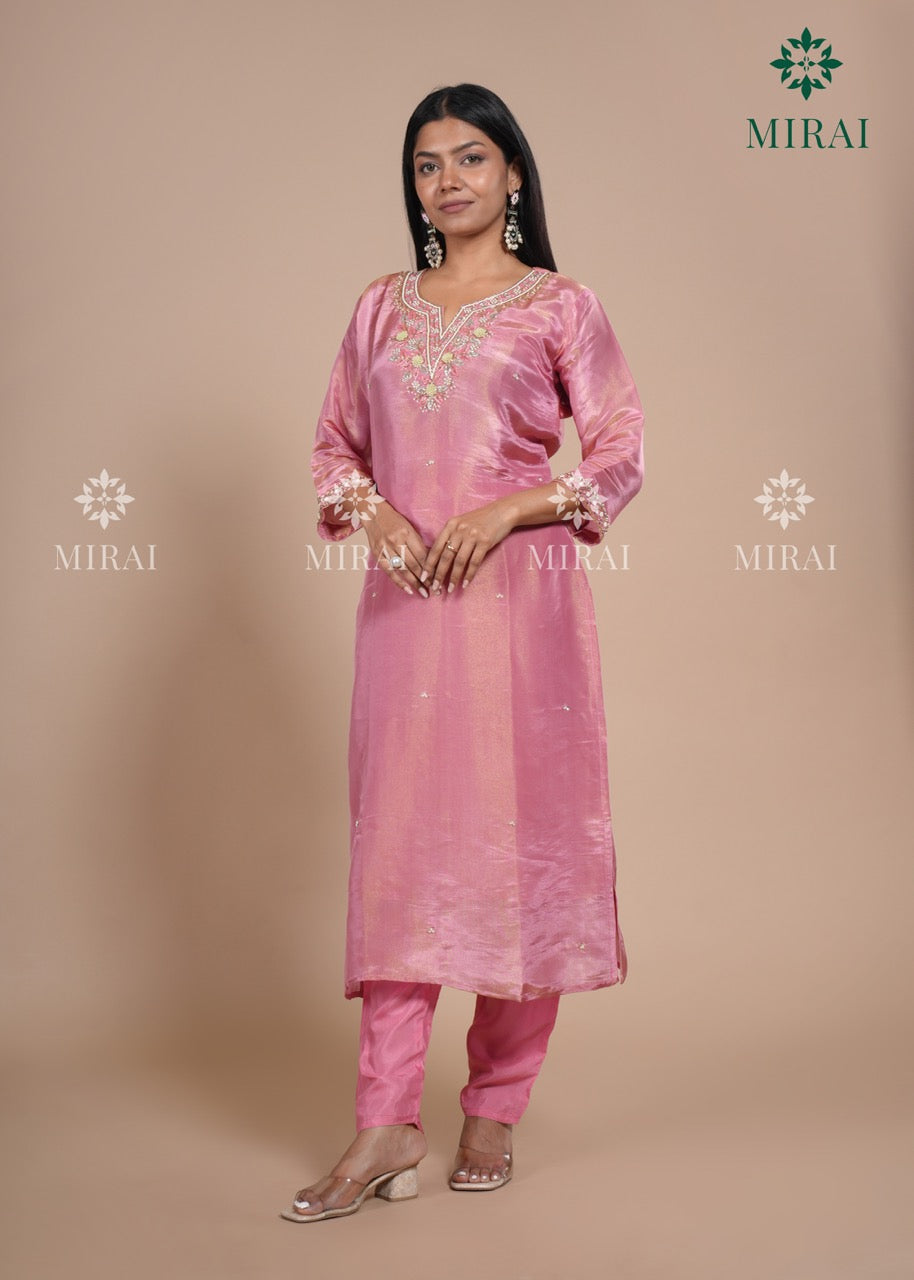 3-Piece Set Tissue Silk With Handwork And Banarasi Dupatta-Pink