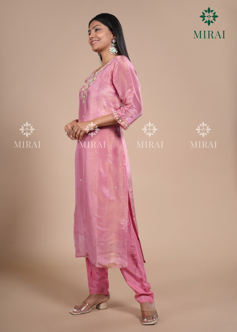 3-Piece Set Tissue Silk With Handwork And Banarasi Dupatta-Pink