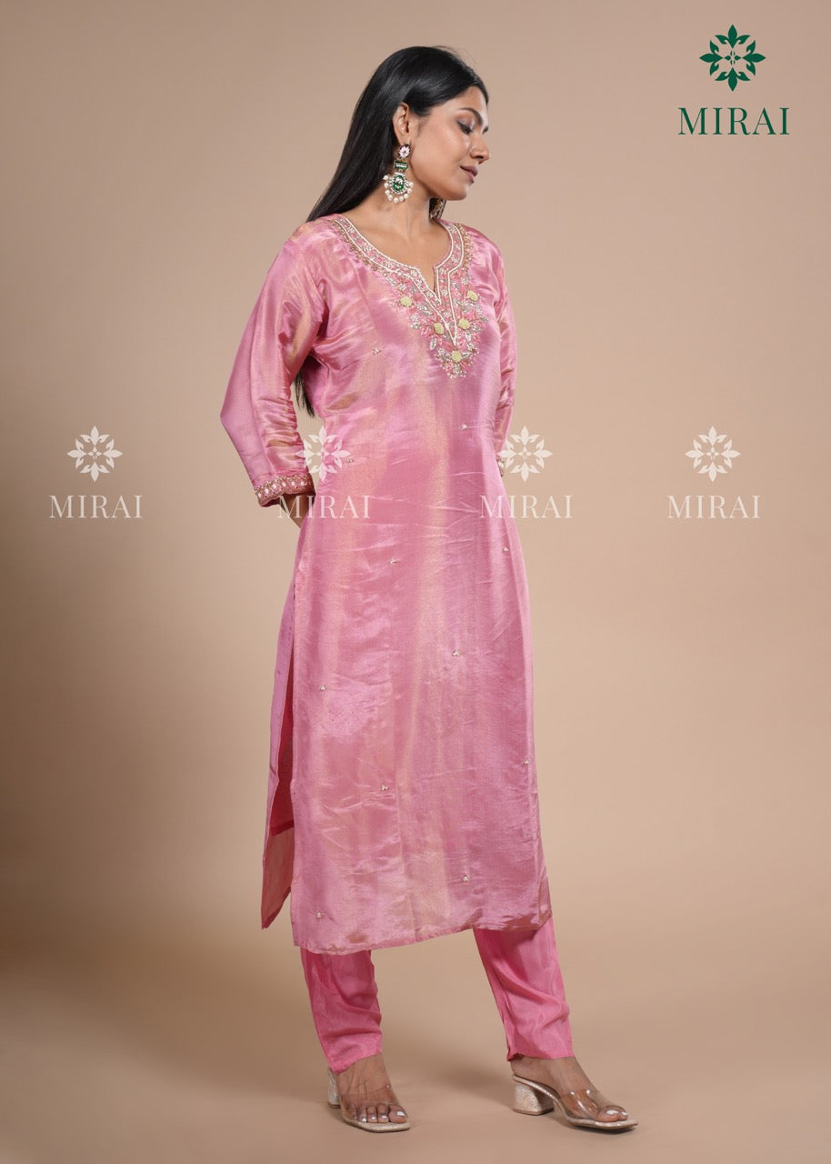 3-Piece Set Tissue Silk With Handwork And Banarasi Dupatta-Pink