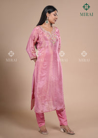 3-Piece Set Tissue Silk With Handwork And Banarasi Dupatta-Pink