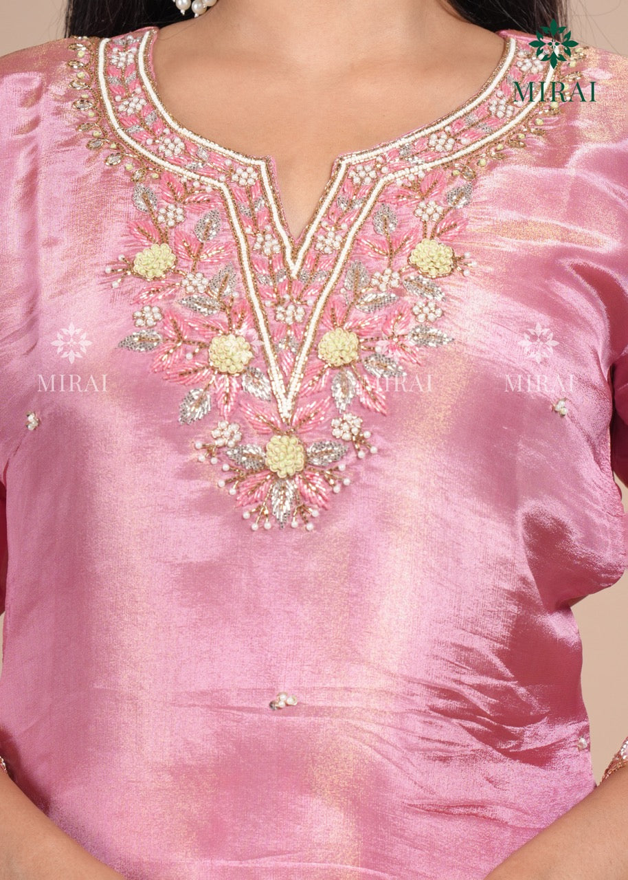 3-Piece Set Tissue Silk With Handwork And Banarasi Dupatta-Pink