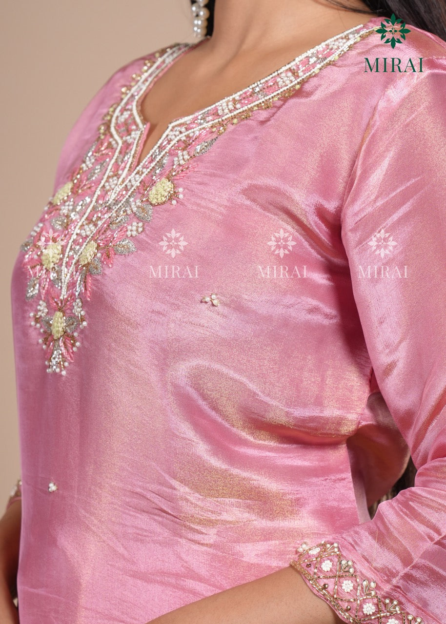 3-Piece Set Tissue Silk With Handwork And Banarasi Dupatta-Pink