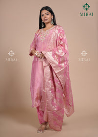 3-Piece Set Tissue Silk With Handwork And Banarasi Dupatta-Pink