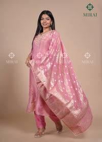3-Piece Set Tissue Silk With Handwork And Banarasi Dupatta-Pink