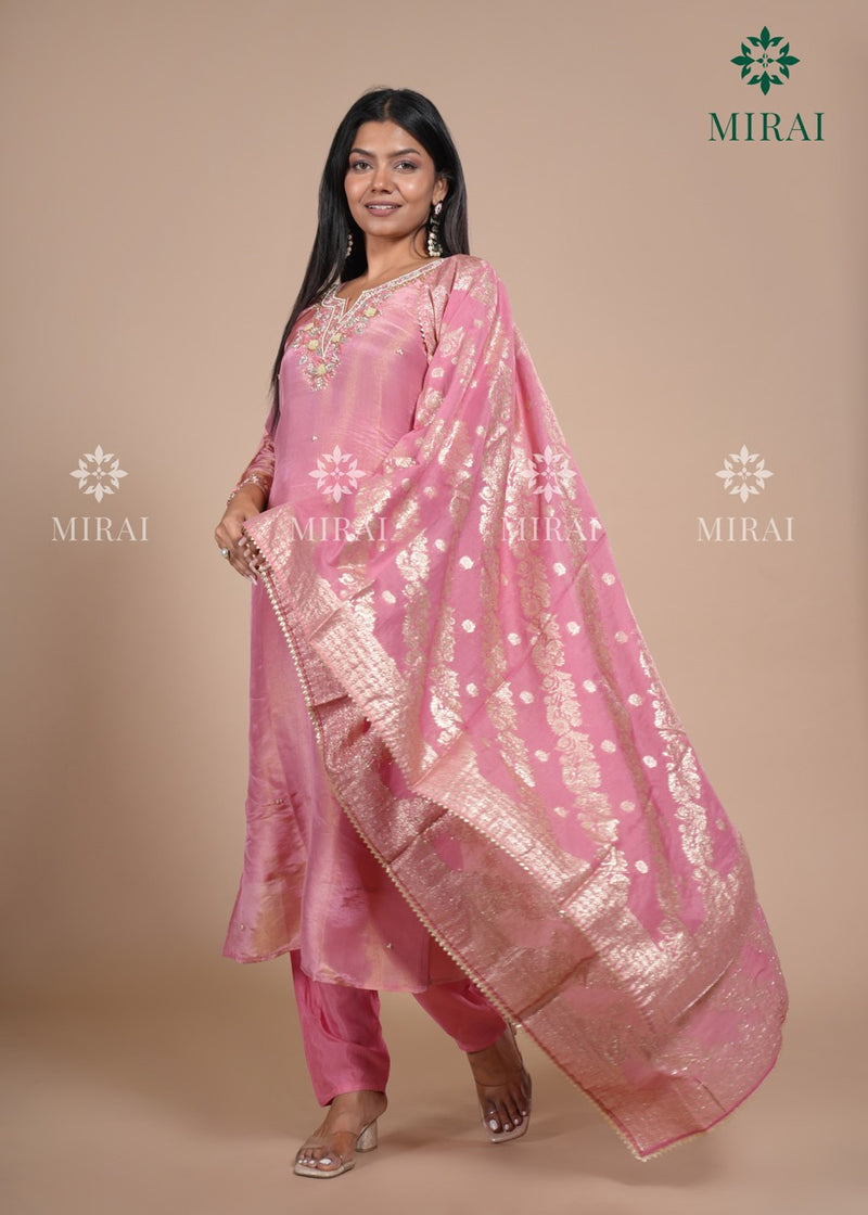 3-Piece Set Tissue Silk With Handwork And Banarasi Dupatta-Pink