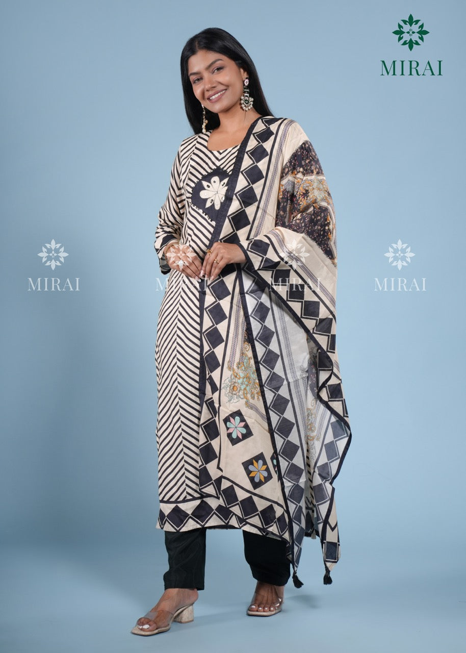 3-Piece Muslin Set With Digital Geometrical Print And Stone Work-Black & White