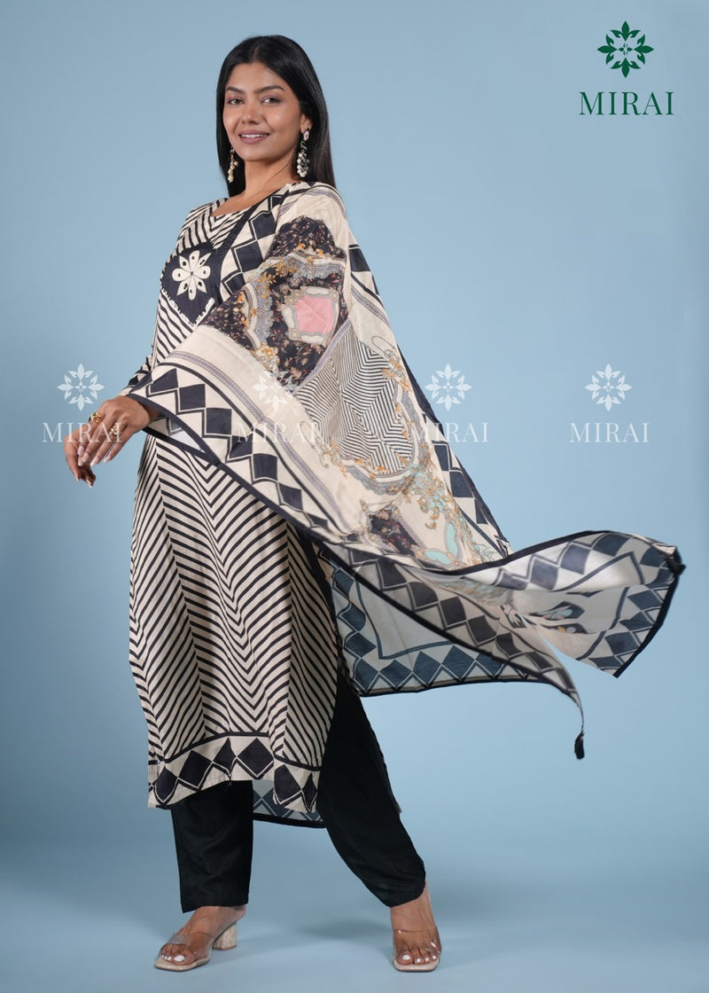 3-Piece Muslin Set With Digital Geometrical Print And Stone Work-Black & White