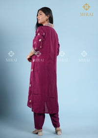3-Piece Set V Neck Chanderi Silk With Zari Weave And Banarasi Dupatta-Wine