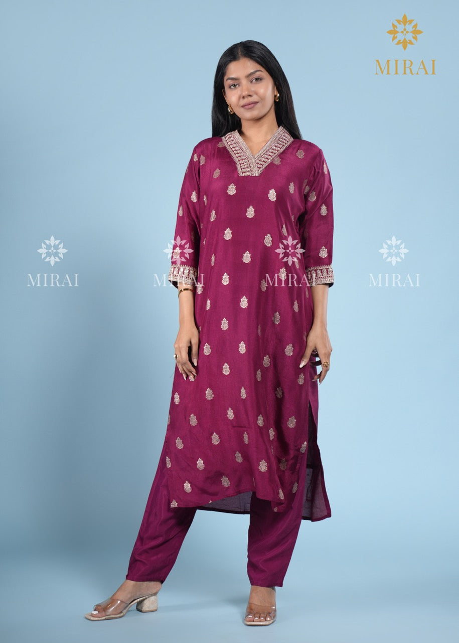 3-Piece Set V Neck Chanderi Silk With Zari Weave And Banarasi Dupatta-Wine