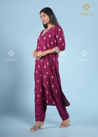 3-Piece Set V Neck Chanderi Silk With Zari Weave And Banarasi Dupatta-Wine