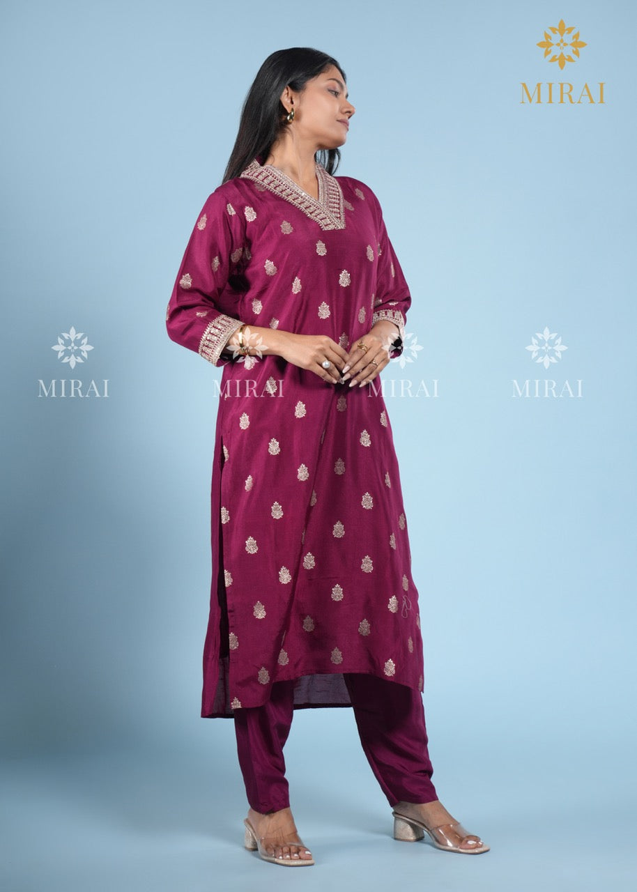3-Piece Set V Neck Chanderi Silk With Zari Weave And Banarasi Dupatta-Wine