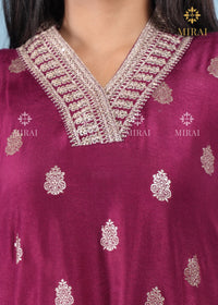 3-Piece Set V Neck Chanderi Silk With Zari Weave And Banarasi Dupatta-Wine
