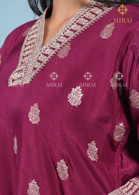 3-Piece Set V Neck Chanderi Silk With Zari Weave And Banarasi Dupatta-Wine