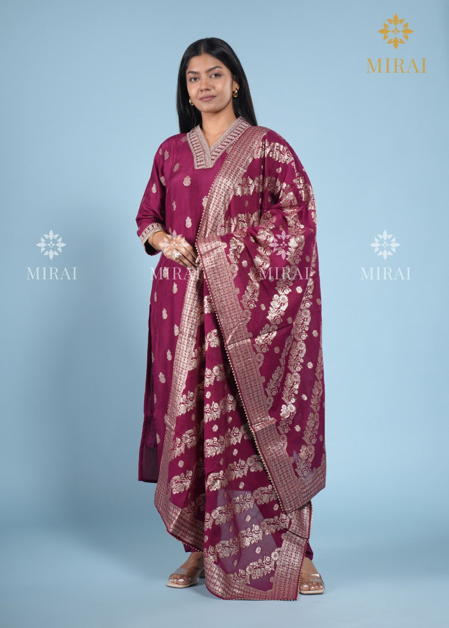3-Piece Set V Neck Chanderi Silk With Zari Weave And Banarasi Dupatta-Wine