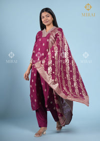 3-Piece Set V Neck Chanderi Silk With Zari Weave And Banarasi Dupatta-Wine