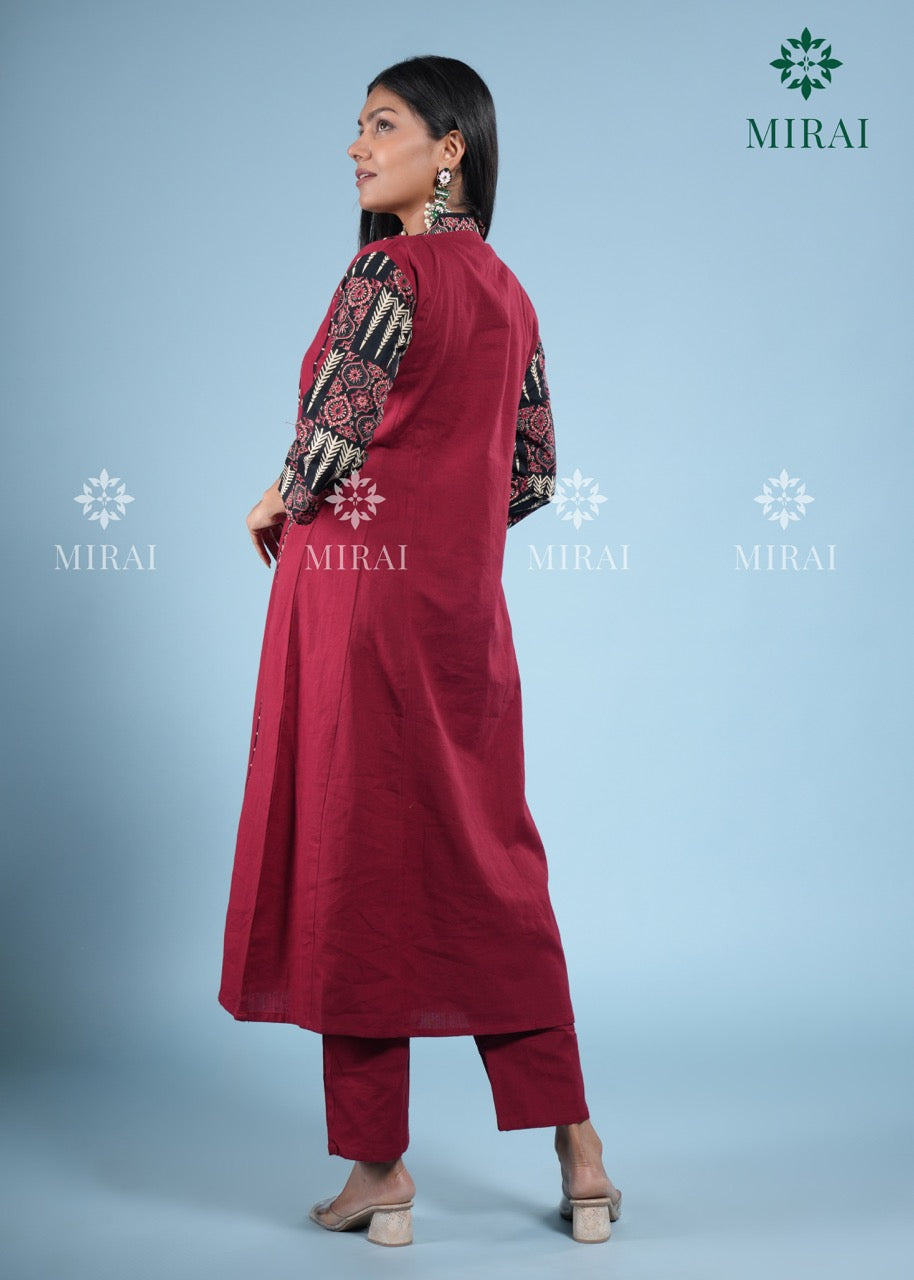 3-Piece Cotton Anarkali Set With Block Print And Mirror Work-Maroon & Black