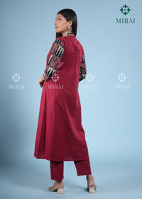 3-Piece Cotton Anarkali Set With Block Print And Mirror Work-Maroon & Black