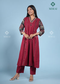 3-Piece Cotton Anarkali Set With Block Print And Mirror Work-Maroon & Black