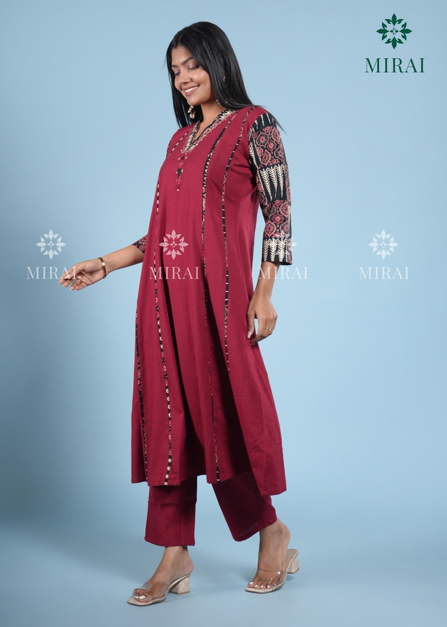 3-Piece Cotton Anarkali Set With Block Print And Mirror Work-Maroon & Black