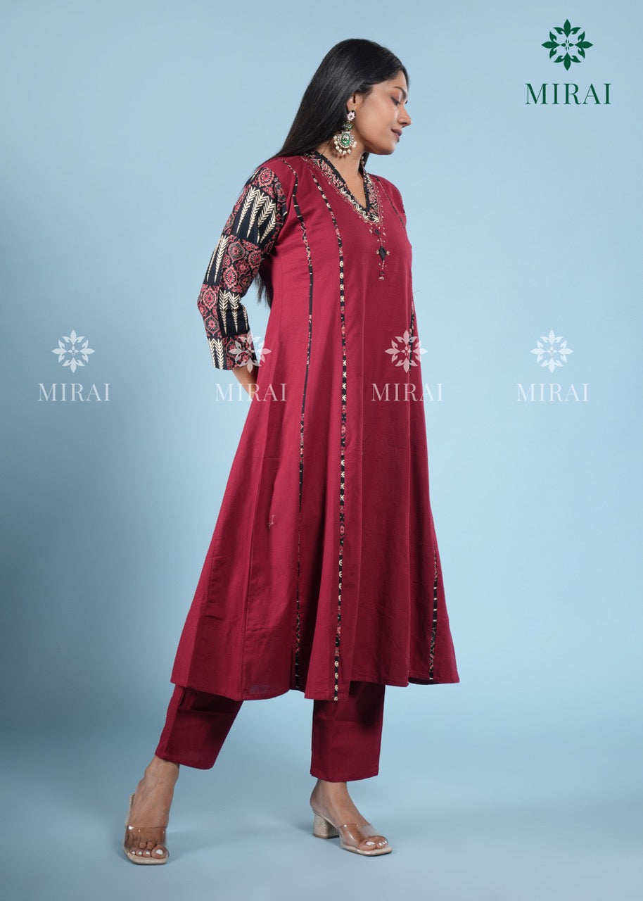 3-Piece Cotton Anarkali Set With Block Print And Mirror Work-Maroon & Black