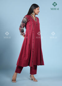 3-Piece Cotton Anarkali Set With Block Print And Mirror Work-Maroon & Black
