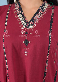 3-Piece Cotton Anarkali Set With Block Print And Mirror Work-Maroon & Black