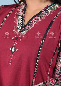 3-Piece Cotton Anarkali Set With Block Print And Mirror Work-Maroon & Black