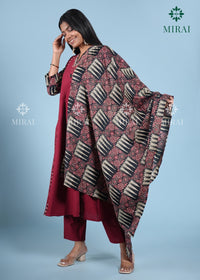 3-Piece Cotton Anarkali Set With Block Print And Mirror Work-Maroon & Black