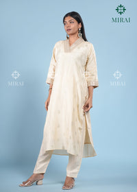 3-Piece Set V-Neck Chanderi Silk With Zari Weave And Banarasi Dupatta-Off White