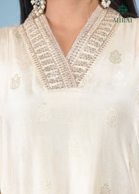 3-Piece Set V-Neck Chanderi Silk With Zari Weave And Banarasi Dupatta-Off White