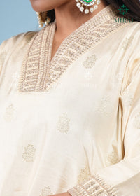 3-Piece Set V-Neck Chanderi Silk With Zari Weave And Banarasi Dupatta-Off White