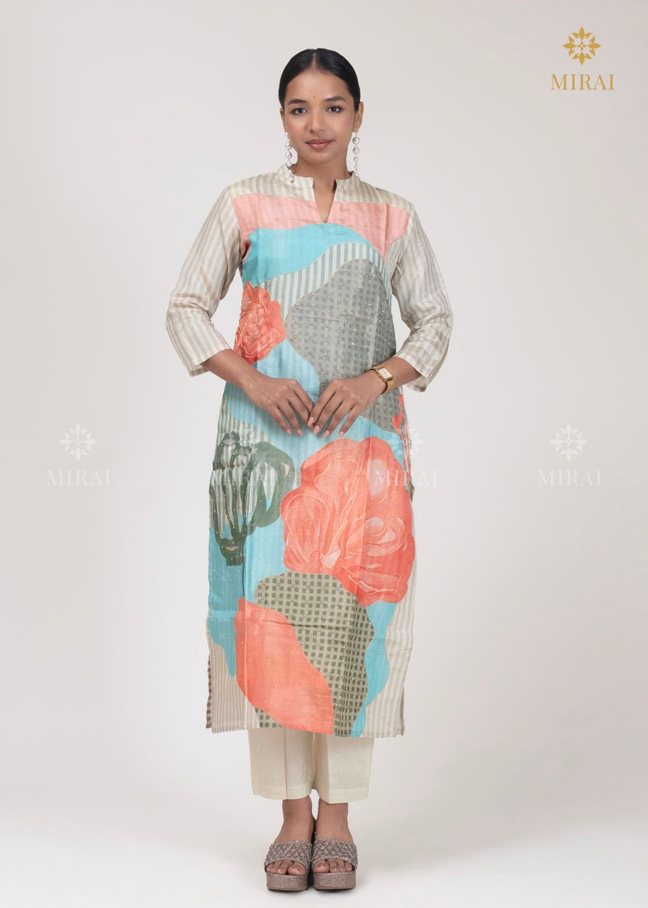3-Piece Tissue Silk Set With Digital Print And Stripe-Off White