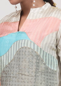 3-Piece Tissue Silk Set With Digital Print And Stripe-Off White