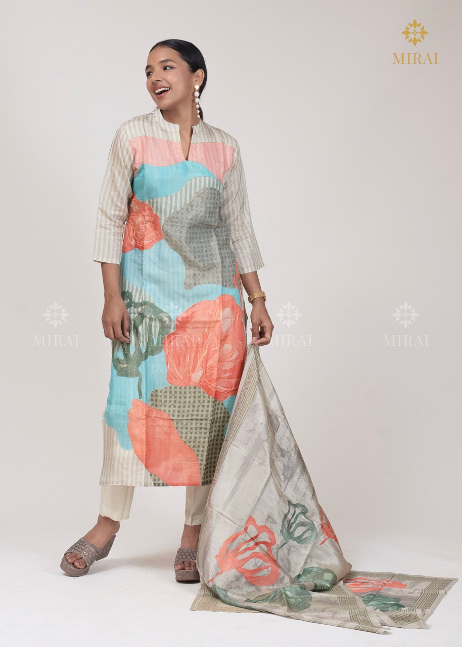 3-Piece Tissue Silk Set With Digital Print And Stripe-Off White
