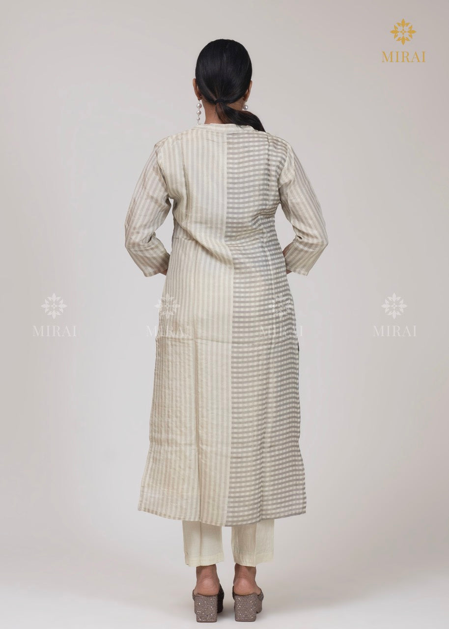 3-Piece Tissue Silk Set With Digital Print And Stripe-Off White