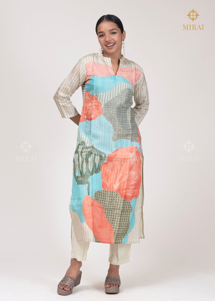 3-Piece Tissue Silk Set With Digital Print And Stripe-Off White
