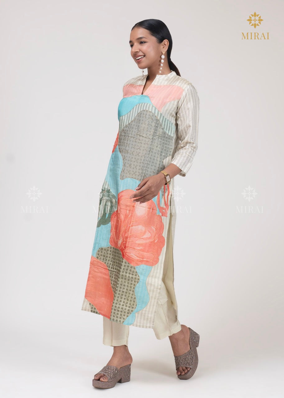 3-Piece Tissue Silk Set With Digital Print And Stripe-Off White