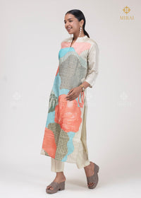 3-Piece Tissue Silk Set With Digital Print And Stripe-Off White