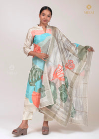 3-Piece Tissue Silk Set With Digital Print And Stripe-Off White