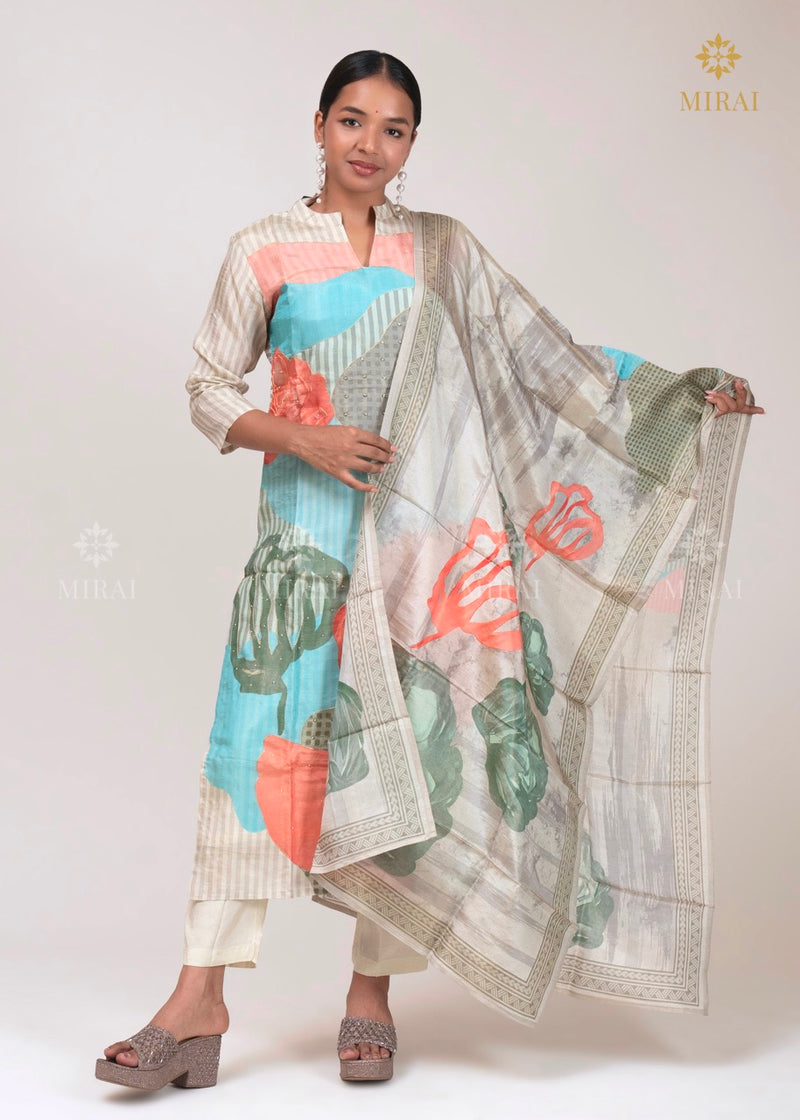 3-Piece Tissue Silk Set With Digital Print And Stripe-Off White