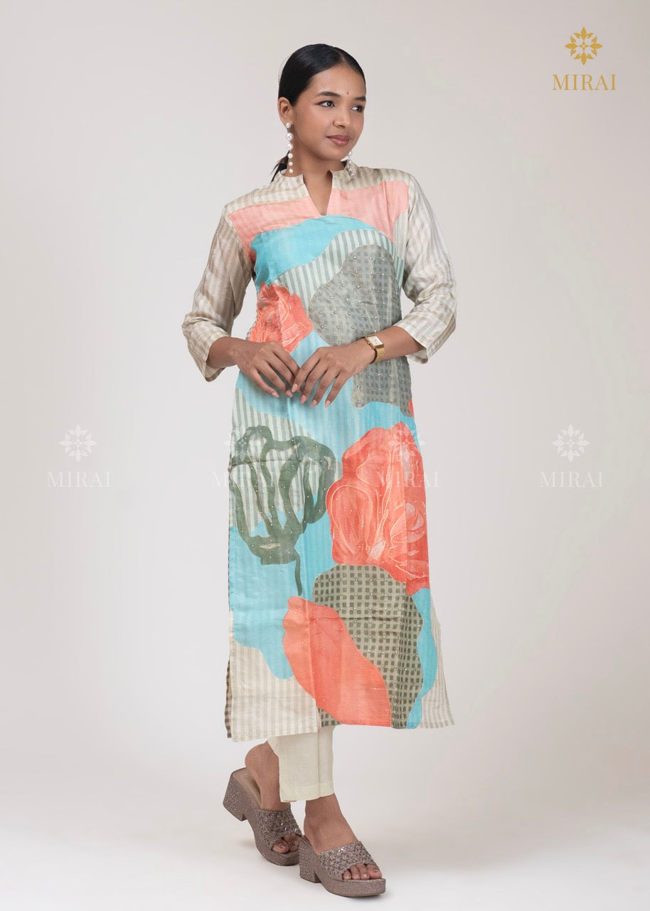 3-Piece Tissue Silk Set With Digital Print And Stripe-Off White