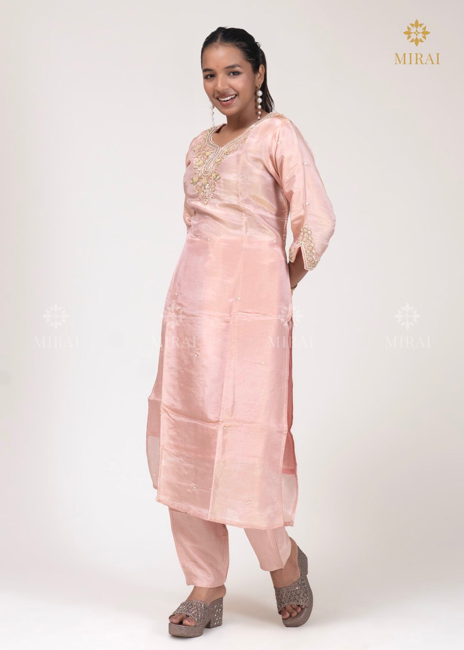 3-Piece Set Tissue Silk With Handwork And Banarasi Dupatta-Pastel Peach